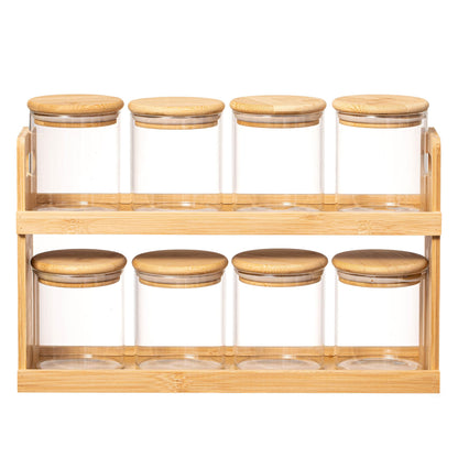 Basicwise Versatile 2-Tier Bamboo Spice Rack and Pantry Organizer with 8 Glass Jars – Perfect for Countertop Storage in Kitchens to Keep Seasoning Containers Neatly Displayed and Easily Accessible