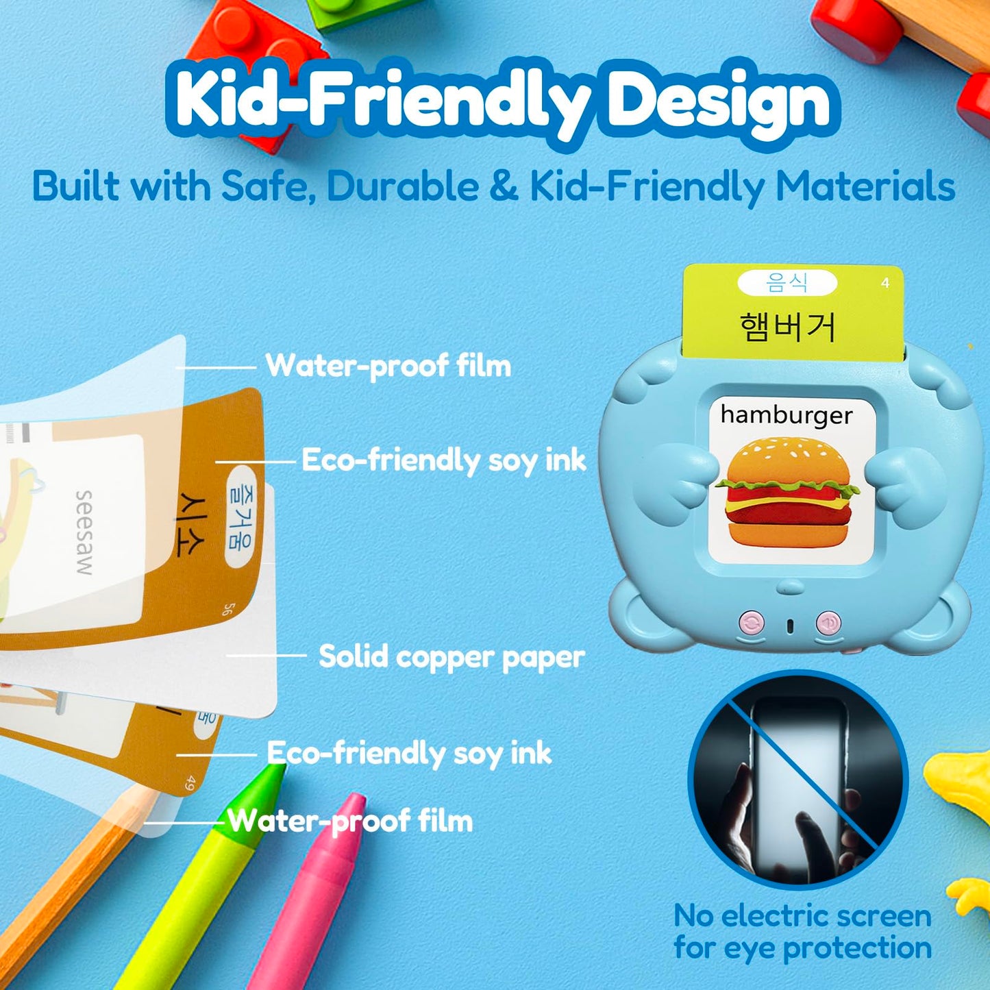MoLingvora Bilingual Talking Flash Cards for Kids - Korean English Flashcards Children Adults, 510 Sight Words, ABC Alphabet, Pocket Speech for Toddlers, Audible Sensory Toys (Korean, Blue)