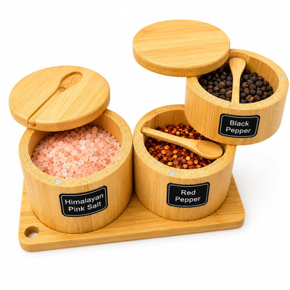 Bamboo Salt Cellar Set with Tray, Single & Double-Tier Salt and Pepper Cellar with Spoon & Magnetic Swivel Lid, 16 Labels, Spice Containers for Salt, Sugar, Pepper, Spices, Kitchen Organizer 9OZ Each