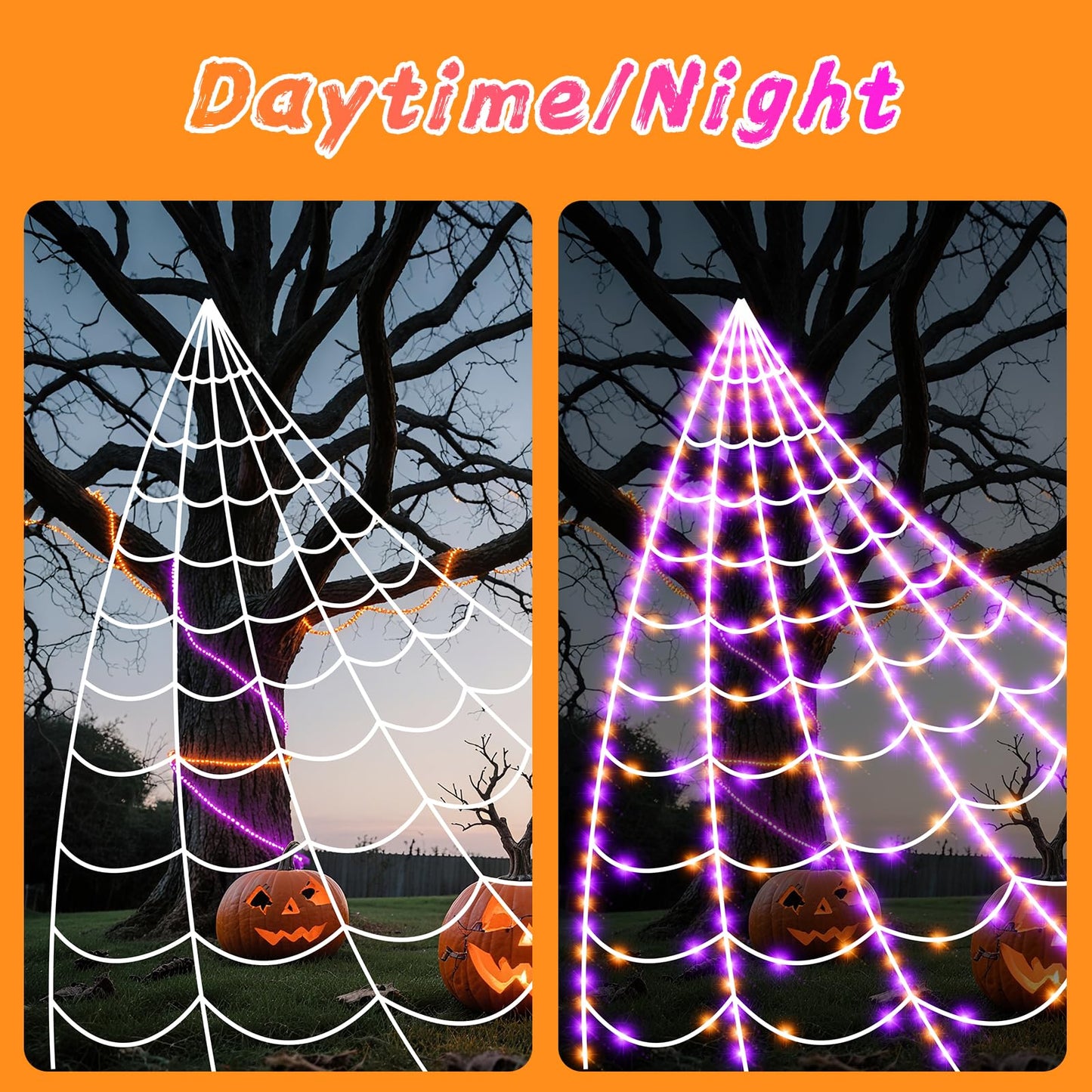 Halloween Spider Giant Web Lights: 350 LED Lighted Giant 23 Ft Halloween Decorations Light up with 8 Lighting Modes Outdoor Indoor Yard House Decor, Purple & Orange (350LED 23FT Giant Spider Web)