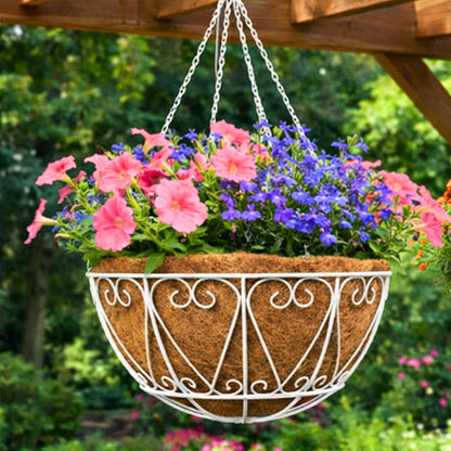 LaLaGreen Hanging Planter for Outdoor (18 Inch, 4 Pack) Large White Metal Wire Hanging Plant Planter with Coco Liner Round Garden Farmhouse Balcony Country Decor Flower Pot Hanger Deck Porch Modern