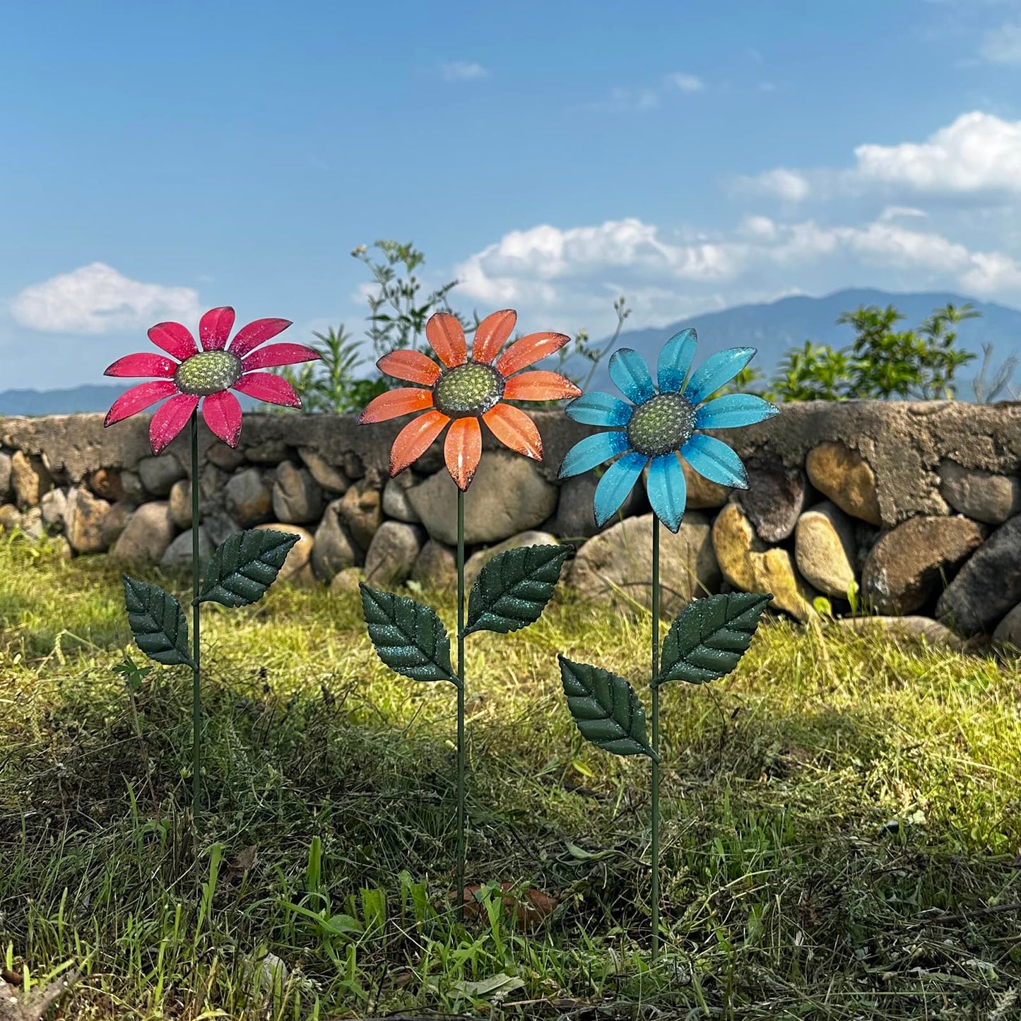 HUTHDAK Metal Flowers for Outside,8 Pack 16.15" Decorative Garden Stakes with Swaying Flowers Head Yard Art,Spring Garden Decor for Lawn, Pathway & Garden