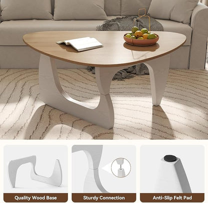Modern Wood Coffee Table, Triangle Center Table with Premium Wooden Top& Unique Base, 35.5” Small Mid Century Tea Tables for Living Room, Apartment, Office,Natural Wood &White
