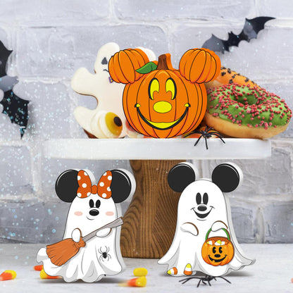 Halloween 3D Mouse Shaped Wooden Table Decor，3 Pcs Cute Pumpkin Witch Ghost Spider Wooden Tiered Tray Decor，wood Centerpiece Tabletop Ornament for Holiday Tiered Tray Halloween Party Decoration