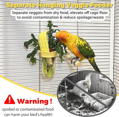 Bird Cage Feeder for Vegetable, Parrot Veggies Holder with Water-Storage Design to Keep Greens Fresh, No Mess Hanging Millet Feeder for Parakeet, Quick Clean Clip, No Spill Feeders for Parrots