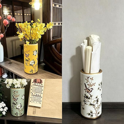 Ceramic Entryway Umbrella Stand,Handmade Appliques Chinese Umbrella Stand Barrels,Vintage Floor Standing Cane Holder Placed & Flower Vases for Hotel Office Home Entrance,B,17.3in