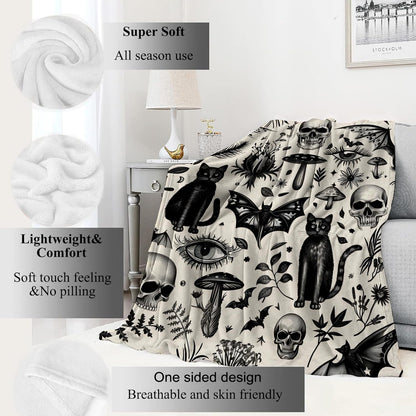 VODRM Spooky Goth Blanket Gothic Black Cats, Skulls, and Bats Throw Blankets Gifts for Girls Boys Adults Lightweight Soft Fleece Cozy for Sofa Couch Bed Room Travel Birthday Halloween Decor 50x60in
