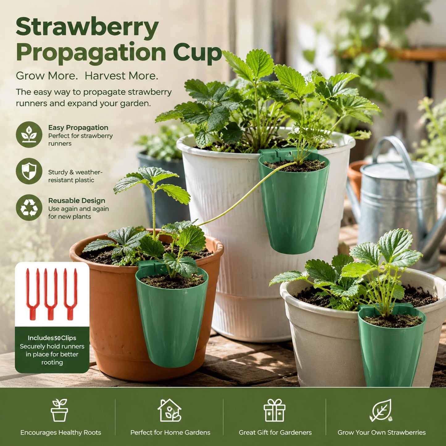 Ginwrek Strawberry Propagation Cups, 20 Pack Large Plastic Plant Cups with 50 Runner Forks Breathable Pots for Berry Plant Rooting, Space-Saving Hanging Design, S