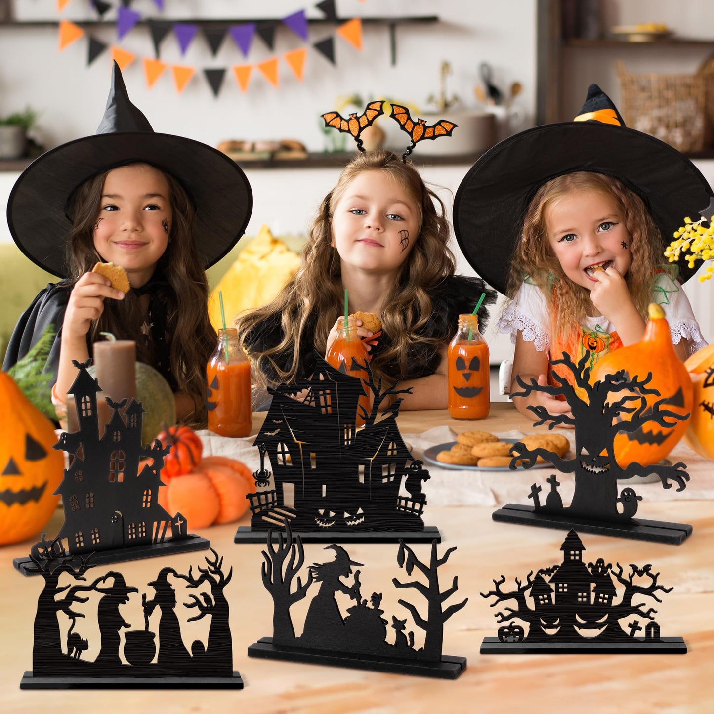 WATINC Halloween Wooden Centerpiece Decorations - Haunted House Witch Tree Silhouette Sketch Wood Tabletop Ornaments, Halloween Black Pumpkin Boo Desk Tiered Tray Decor for Home Kitchen Party