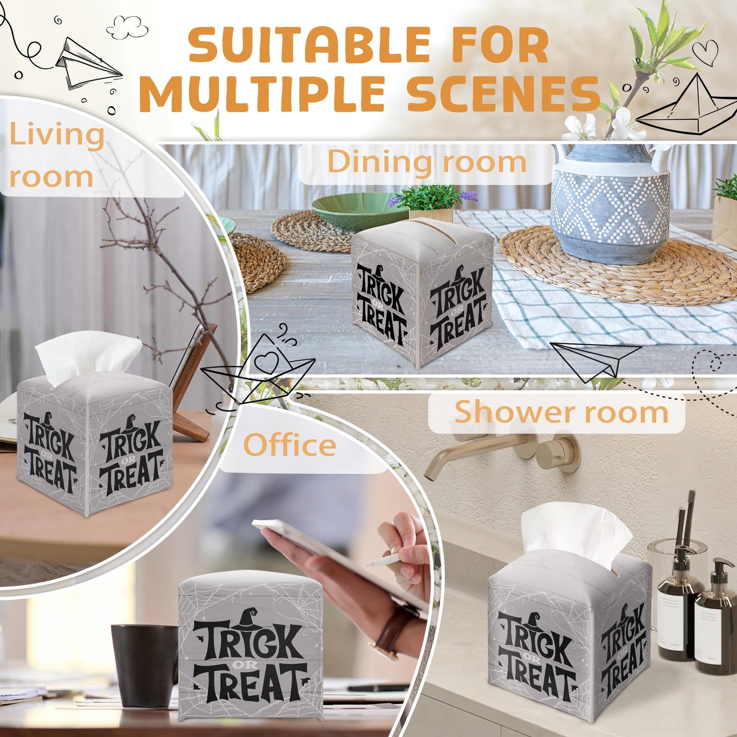 Halloween Trick Or Treat Tissue Box Holder, Spider Web Grey Leather Tissue Box Cover Square, Facial Paper Organizer Dispenser Toilet Paper Holder for Bathroom Kitchen Office Home Decor-A09