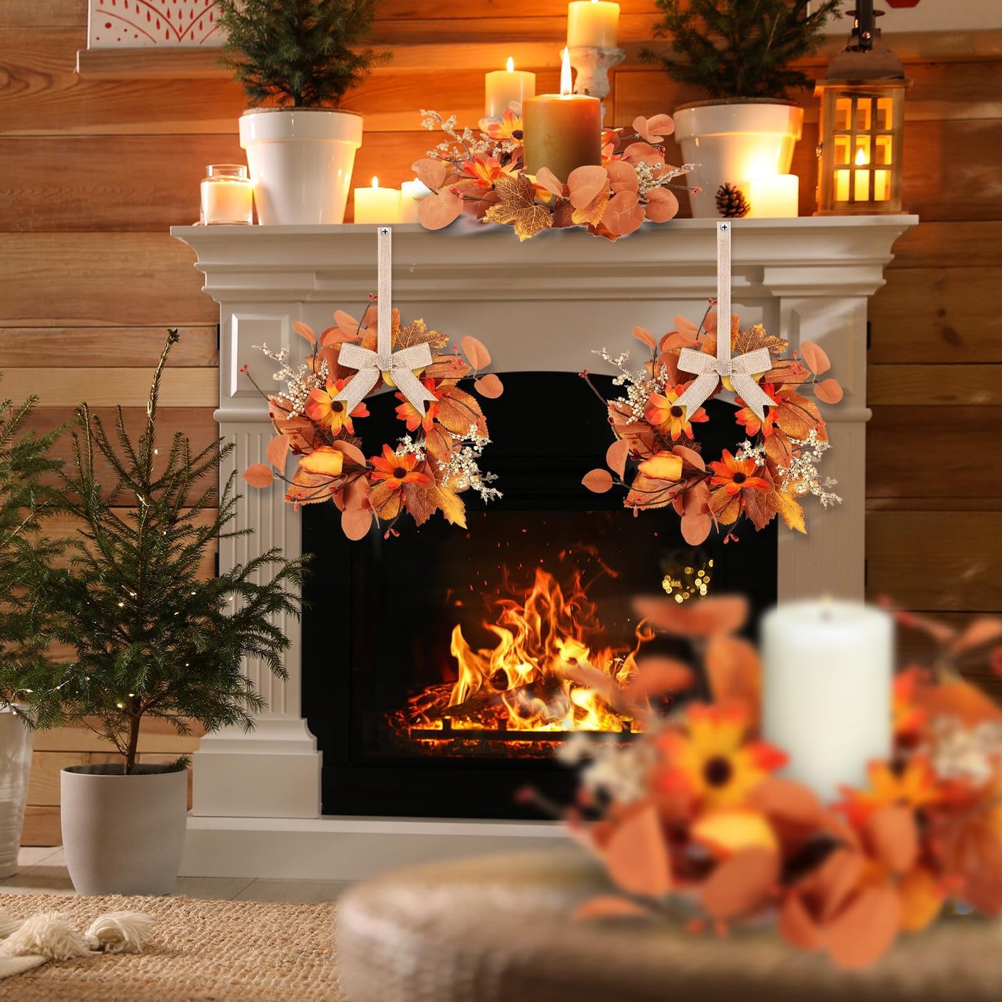 6 Pcs 3 Inch Fall Floral Wreaths Autumn Harvest Sunflowers Pumpkins Leaves Berries Hanging Candle Rings Wreath Mini Thanksgiving Table Centerpiece Wreath for Pillar Cabinets Farmhouse Decoration