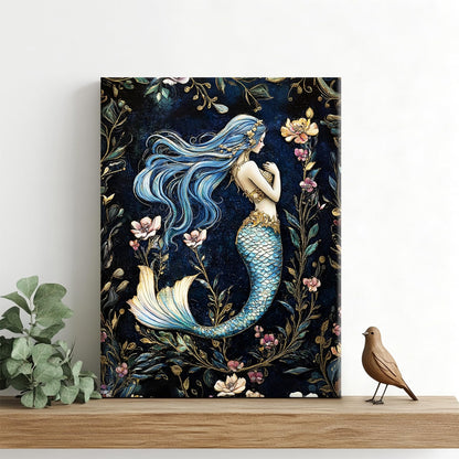 Mermaid Wall Art, Floral Pictures Wall Decor, Retro Mermaid Canvas Prints Painting, Framed Artwork for Bathroom Bedroom Living Room Girl's Room Office Home Decoration 12x16