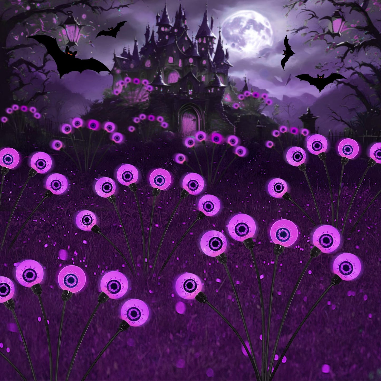 Outdoor Halloween Decorations - Swaying Solar Eyeball Lights, 2PCS 12LED Firefly Lights, 2 Mode Waterproof Path Lights for Yard, Garden, Lawn, and Party Decor (Purple)