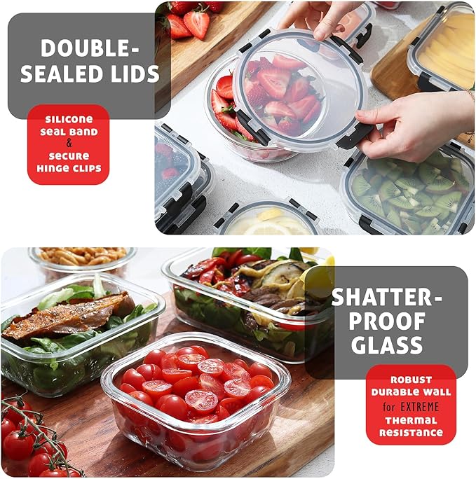 Nestl 48pc Glass Storage Containers with Lids, 24 Glass Food Storage Containers with 24 Airtight Lids for Pantry & Kitchen, Meal Prep Containers for Lunch, Oven Microwave & Dishwasher Safe, Black