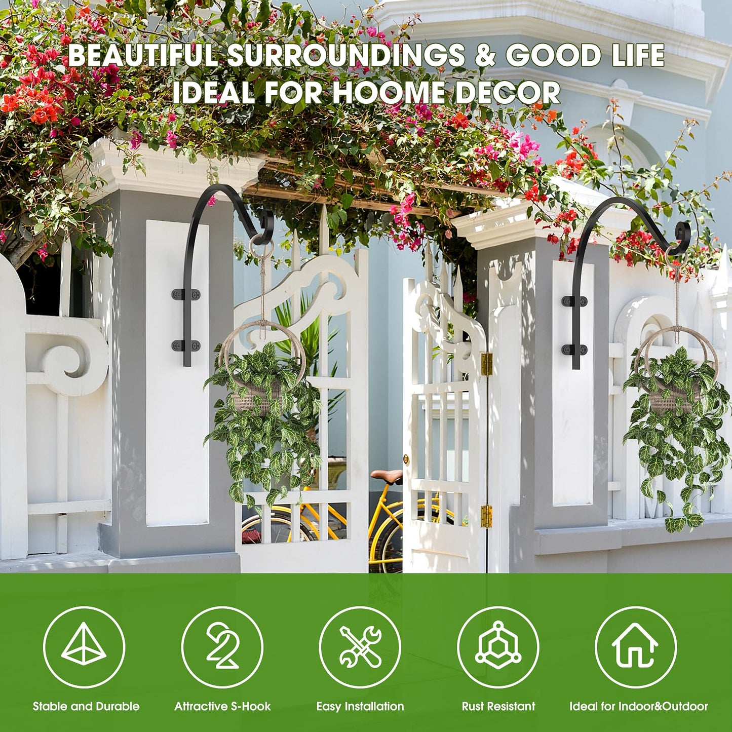 2Pack Heavy Duty Hanging Plant Brackets for Plants Basket Outdoor and Indoor, 16Inch Hanging Brackets Outdoor, 80lbs Holds Metal Plant Hanger Wall Hooks for Hanging Flower Pot Bird Feeder Lanterns