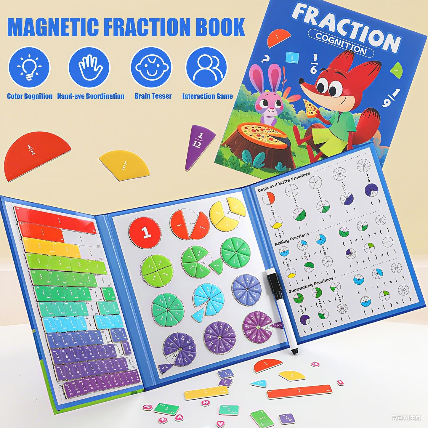 BlivEclat STEM Magnetic Fraction Demonstration Book for Kids with 152 Pcs Math Fraction Magnets Tiles and Disc Set Educational Math Learning Manipulatives Set