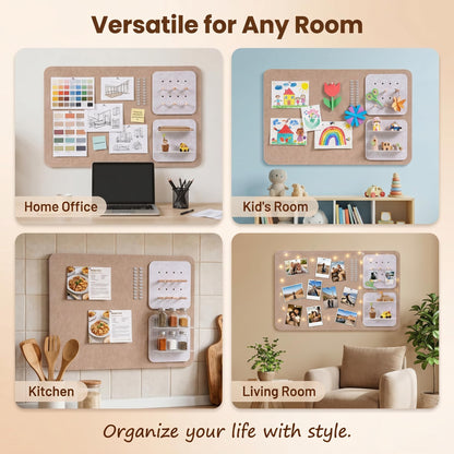 Wall Organizer Bulletin Board with Shelves and Key Holder, 2-in-1 Felt Pin Board for Photos, Notes, Keys and Small Accessories, Memo Board for Home Office Dorm, Khaki & Light Camel, 15.7"x23.6"