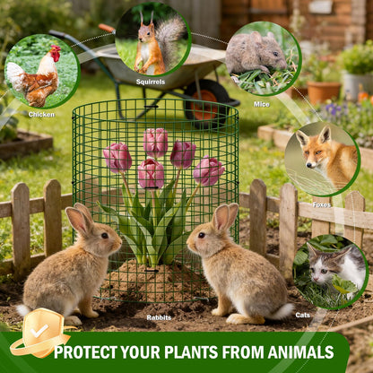 Uyittour 10 Pack Plant Protectors from Animals, 12" x 12" Round Metal Wire Garden Plant Cages to Keep Animals Out, Rabbit Proof Protection for Vegetables & Flowers with Stakes, Zip Ties & Gloves