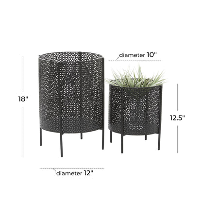 CosmoLiving by Cosmopolitan Metal Indoor Outdoor Planter Large Planter Pot with Removable Stand, Set of 2 Planters 18", 12"H, Black