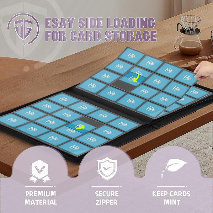 16 Pockets Trading Card Zipper Binder for 1000+ Cards| Secure Side Loading Pockets | Trading Card Album Folder | Compatible with YuGiOh, MTG,Sports Cards (Purple 16)