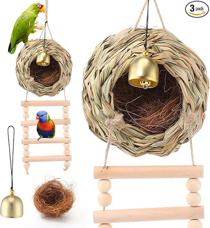 Briwooody Hanging Bird Nest for Cage with Ladder Bell Natural Coir Fiber, Grass Hand Woven Hummingbird Finch House for Outside Breeding Nest Parakeet Bed for Budgie Canary Parrot Patio Lawn Garden