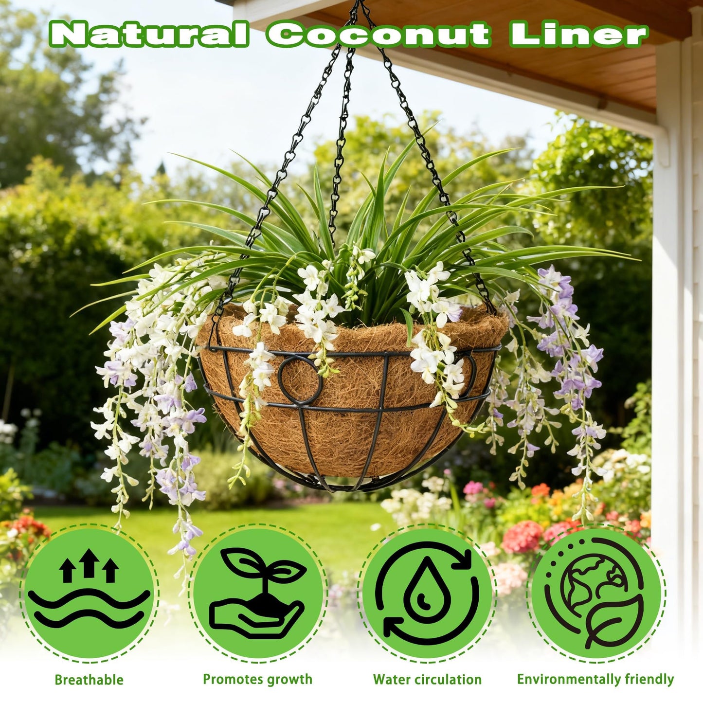 ZVOWOS 2 Pack 12 Inch Black Metal Hanging Basket Hanging Planter with Coco Coir Liner Heavy Duty Hanging Flower Pot Holder for Indoor Outdoor Patio Garden Porch Balcony Decor (Round)