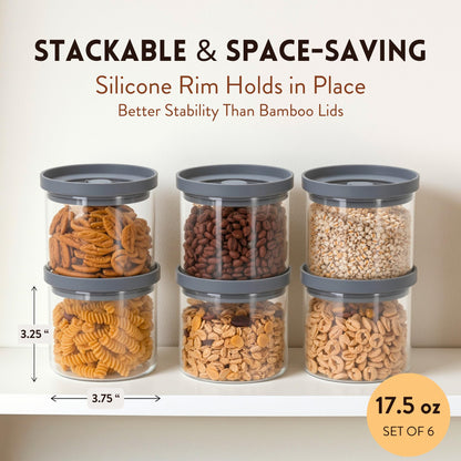THE HAZEL PANTRY Glass Canisters with Airtight Lids Set of 6 (17.5 oz) - Borosilicate Glass Jars for Overnight Oats, Meal Prep & Pantry Storage, Stackable, BPA-Free, Dishwasher Safe Kitchen Containers