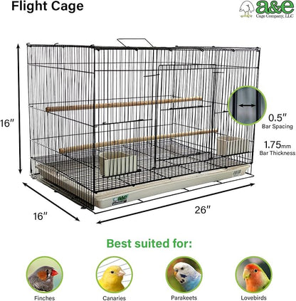 A&E Cage Co 503 Flight Cage – 24"x16"x16" Small Bird Cage with Slide-Out Tray, Wood Perch, Dual Feeding Stations & Carry Handle – Black Powder Coated Cage for Finches, Canaries & Small Birds