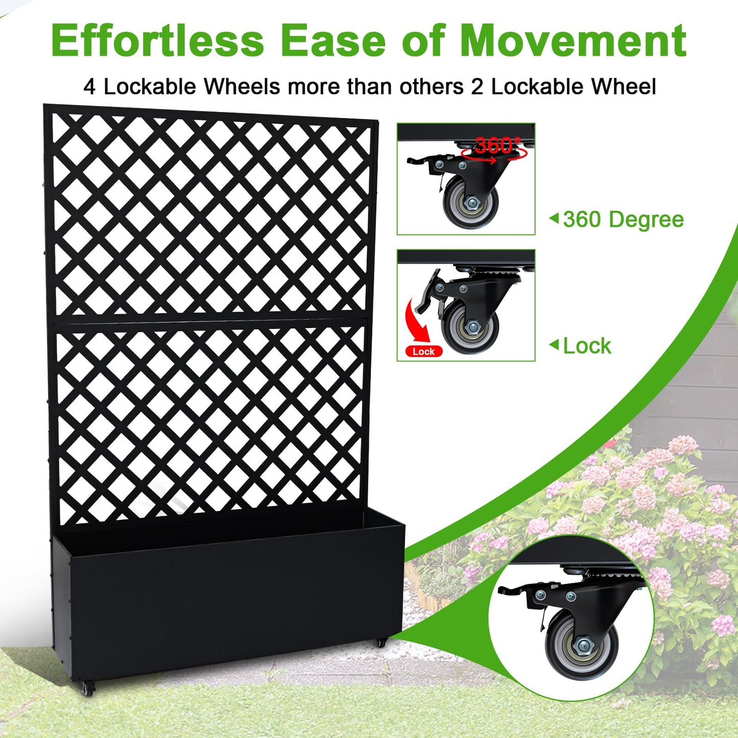 Metal Raised Garden Bed with Trellis & Wheels, 72.83"x46.46"x11.81" Galvanized Metal Planter Box with Drainage Holes & Privacy Screen for Patio Balcony Climbing Plants Flowers Vegetable, Black