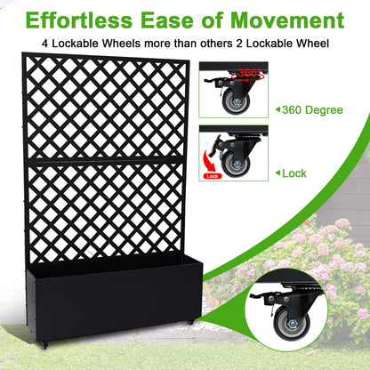 Metal Raised Garden Bed with Trellis & Wheels, 72.83"x46.46"x11.81" Galvanized Metal Planter Box with Drainage Holes & Privacy Screen for Patio Balcony Climbing Plants Flowers Vegetable, Black