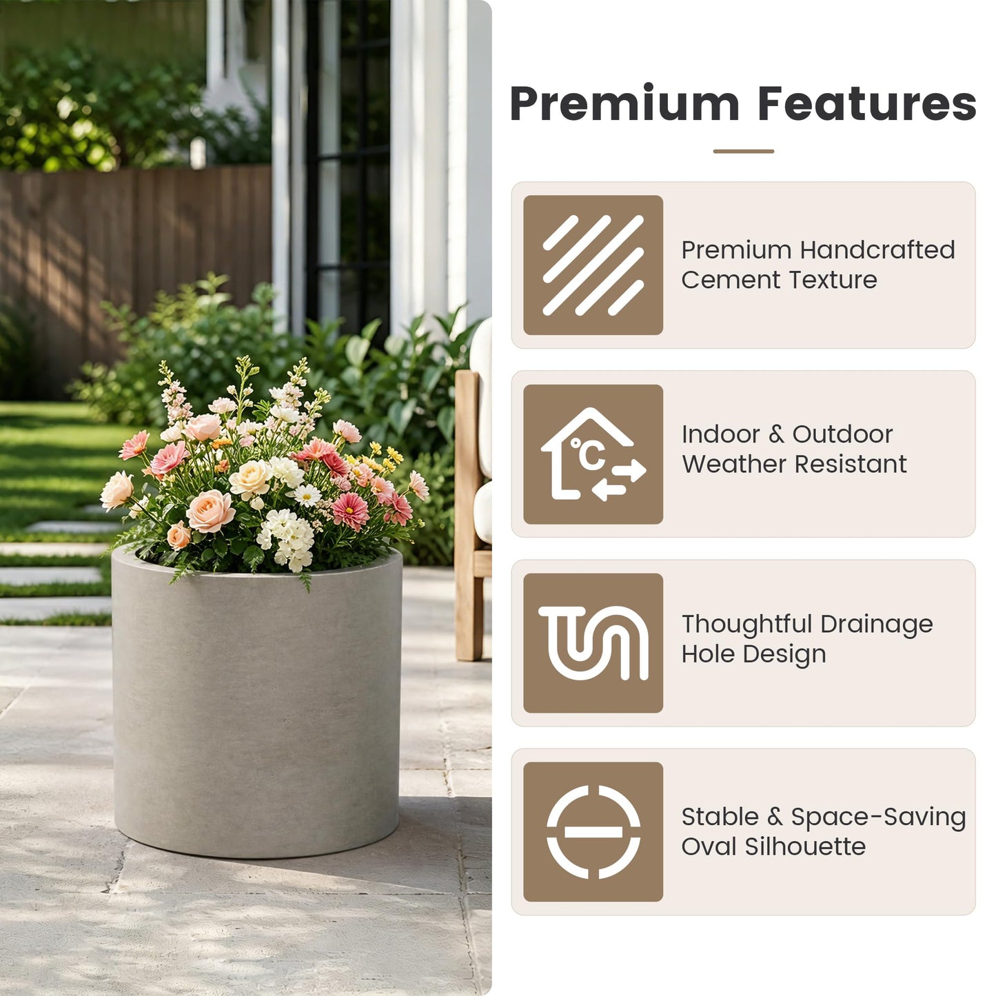 Kante 12.6" Concrete Cylinder Planter, Large Weather Resistant Concrete Planter with Drainage Hole & Rubber Plug, Handcrafted for Indoor Outdoor Plants & Patio Decor, Weathered Concrete Finish