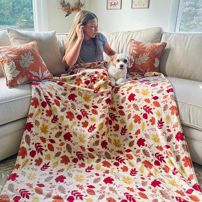 Fall Decor Throw Blanket: Soft Warm Autumn Leaves and Berries in Red Yellow Brown Beige Colors for Living Room Couch Bed Chair Dorm, Oversized 50" x 70" inches