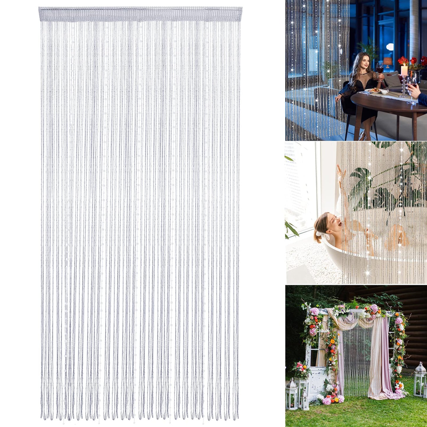 HANTURE Silver Beaded String Curtains for Doorways 36 x 77 Inch Crystal Tassel Beaded Curtain for Door Hanging String Beads Curtains Fringe Screen Panel for Wedding Office Home Decor
