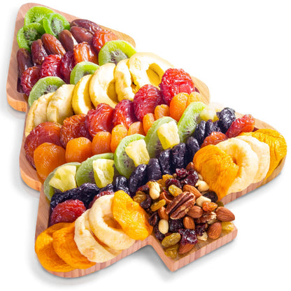 Pine Tree Shape Dried Fruit Tray – Gourmet Dried Fruit Assortment on Keepsake Bamboo Cutting Board by Blue Bow Gourmet