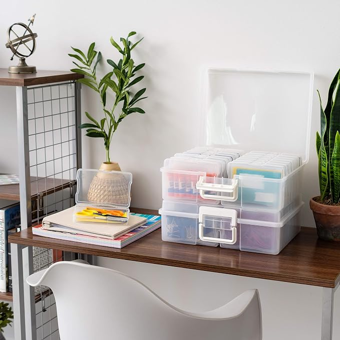 IRIS USA 4" x 6" |Made in USA| 2-Pack Photo Organizers and Picture Storage Box with Handle, 16 Inner Cases/Containers for Tasks, Stickers, Ephemera, & Flashcards - Clear