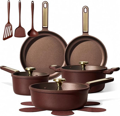 CAROTE Pots and Pans Set Nonstick, 16pcs Cookware Set Nonstick Non-Toxic & PFOA&PFOS-Free, Dishwasher, RV/Camping Cookware Set, Cooking Pots with Lids,Wine Red