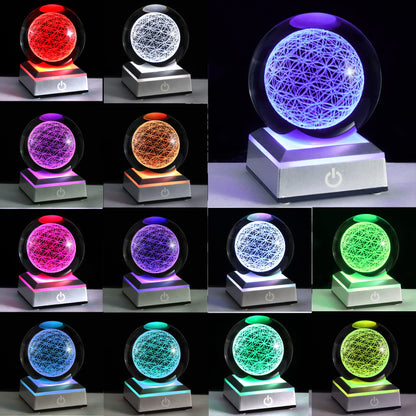 Qianwei Flower of Life Crystal Sphere with Led Colorful Lighting Touch Base, Sacred Geometry Crystal Ball Starlight Magic, Feng Shui Decor Laser Engraved Seek of Flower Inside A Sphere