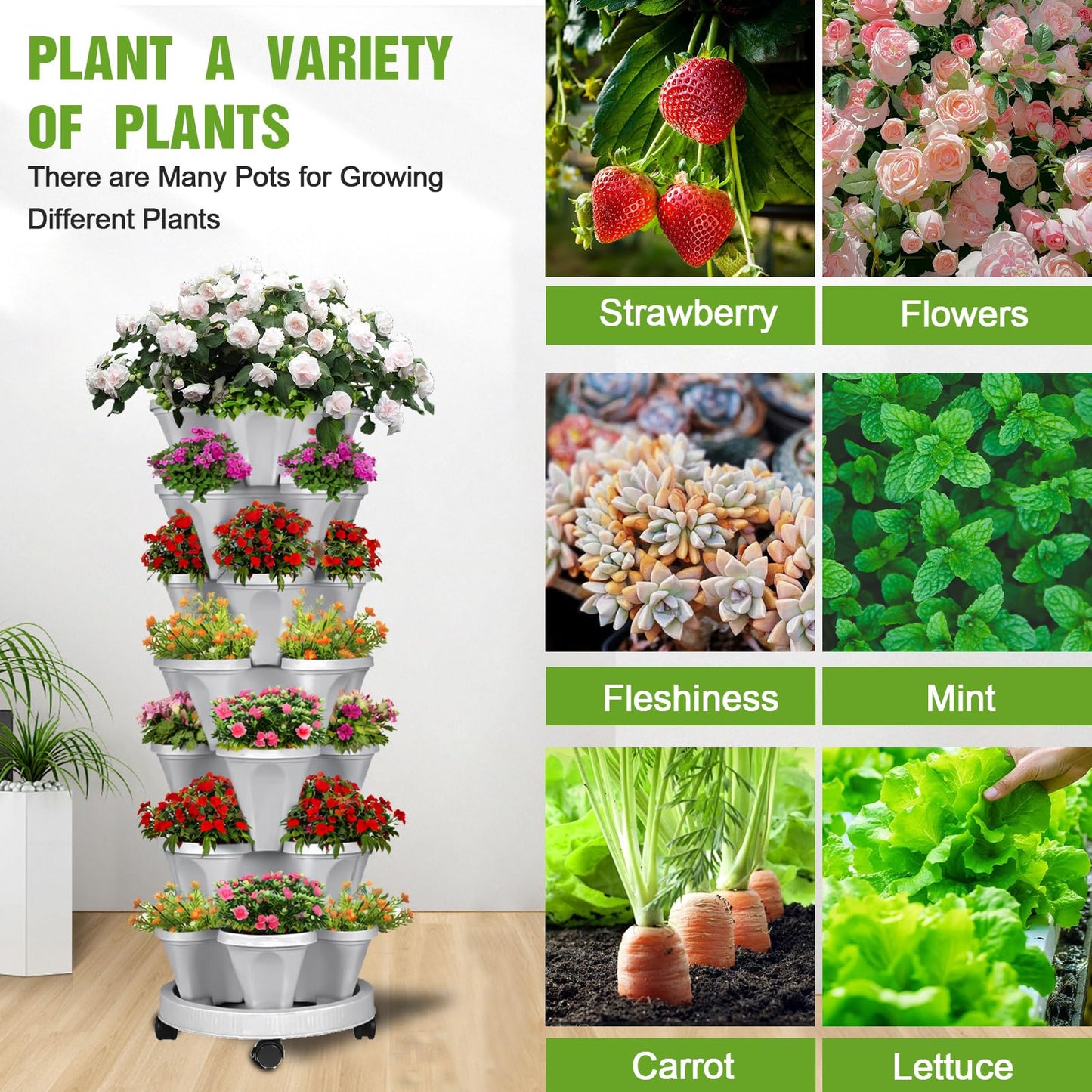 Bociks Vertical Strawberry Planter 7 Tier Stackable Tower Herb Planters-Stacking Garden Outdoor Grey Planter Pot with Tools Mover for Succulents, Vegetables and Flowers