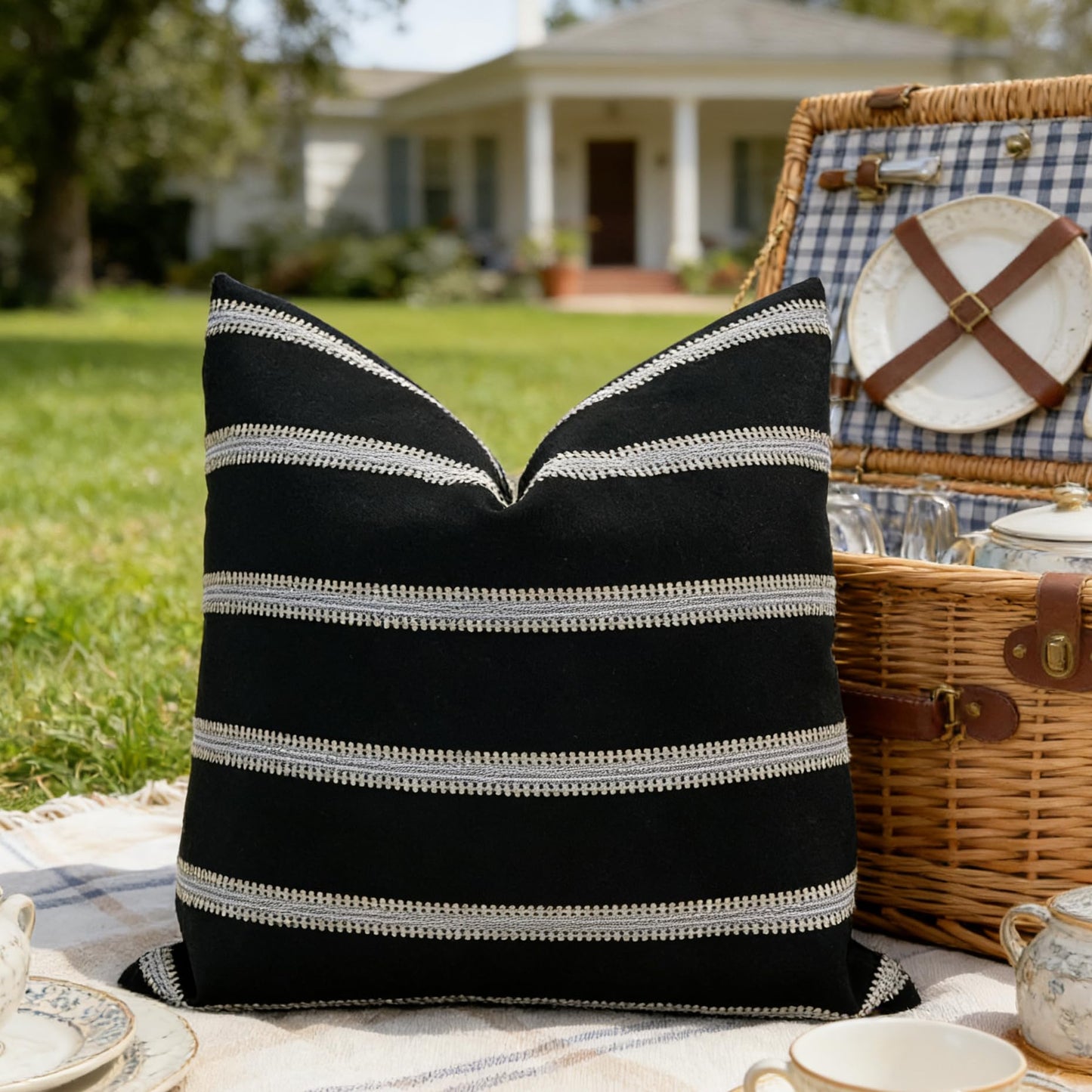 Slow Cow Decorative Jacquard Textured Woven Stripe Throw Pillow Cover Cushion Cover 26 x 26 Inches Black Mixed Off White