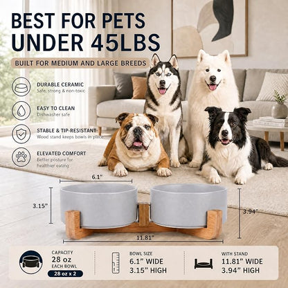 Petygooing Dog Bowls,Grey Ceramic Cat Dog Bowl Set with Wood Stand for Food and Water,Non-Slip Cute Modern Pet Dish Set for Cats and Medium Dogs (28OZ/6.1 in)