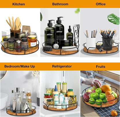 Lazy Susan Turntable Organizer for Cabinet Pantry Kitchen Countertop Refrigerator Cupboard, Pine Wood, 9", Carbonized Black
