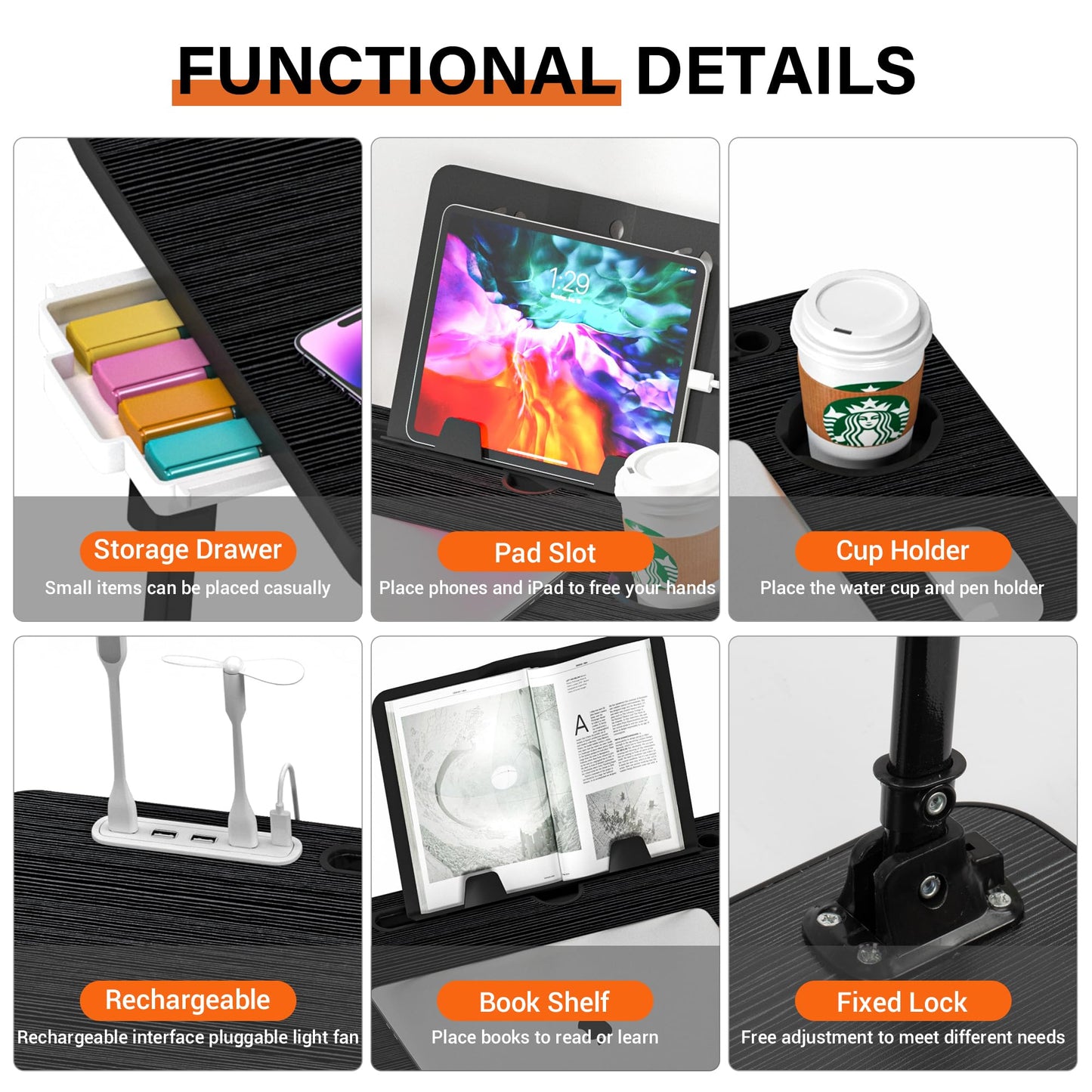Lap Desk for Bed, Adjustable Laptop Desk with USB Charging Port, Storage Drawer & Bookshelf — Foldable Bed Desk for WFH & Students, 23.6" Desktop Fits 17" Laptop, Non-Slip, Black
