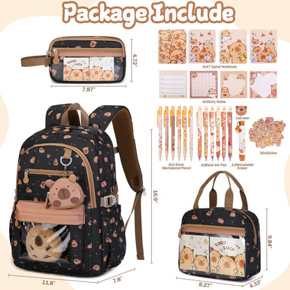 Similove Capybara Theme Backpack for School Girls, 35PCS Kids Backpack Set with School Supplies Stationery Kit Lunch Box Pencil Case, Cute Girls Bookbag for Kindergarten Elementary Student
