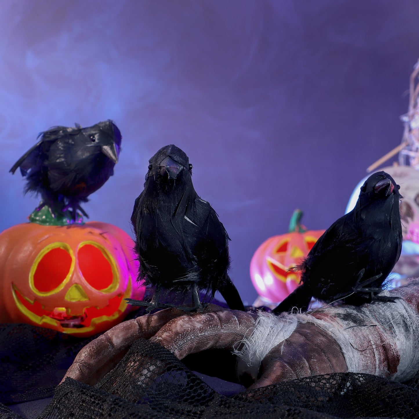 JOYIN Halloween Crow Raven 3Pcs Feather Bird, Black Prop Fake Birds Crows, Halloween Decorations for Haunted House Graveyard Cemetery Yard Table Party Favors