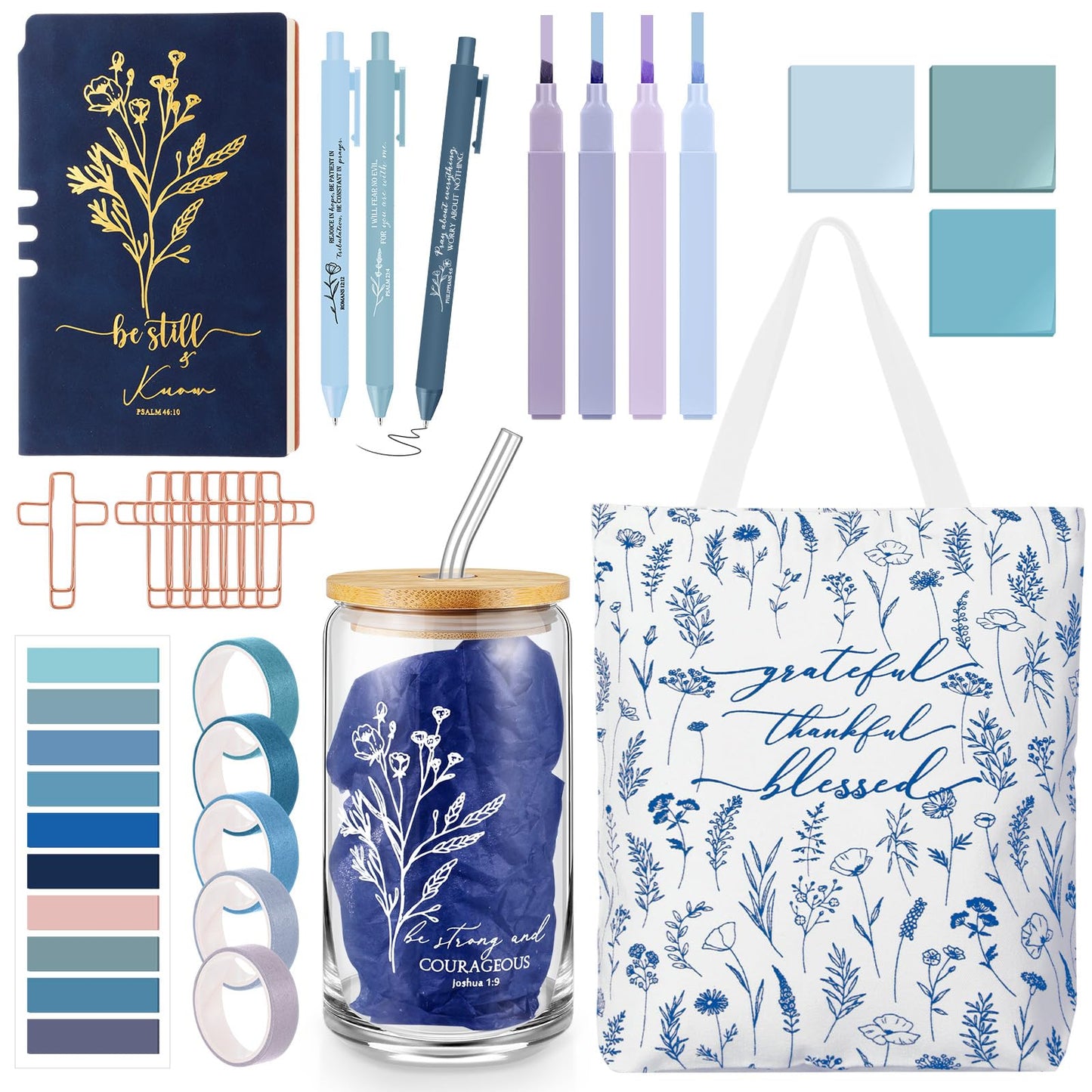 Singhoow 29 Pcs Bible Journaling Supplies Kit 16 oz Glass Cup Canvas Bag Leather Notebook Highlighters Pens Sticky Note Tapes Bible Study Supplies for Women Father Sunday School Teacher(Boho, Blue)