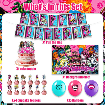 Gothic Monster Girl Birthday Party Decorations 42PCS Spooky Party Supplies with Banner, Cake Topper, Cupcake Toppers, Backdrop & Balloons, Spooky Themed Decor for Birthday, Halloween & Teen Party