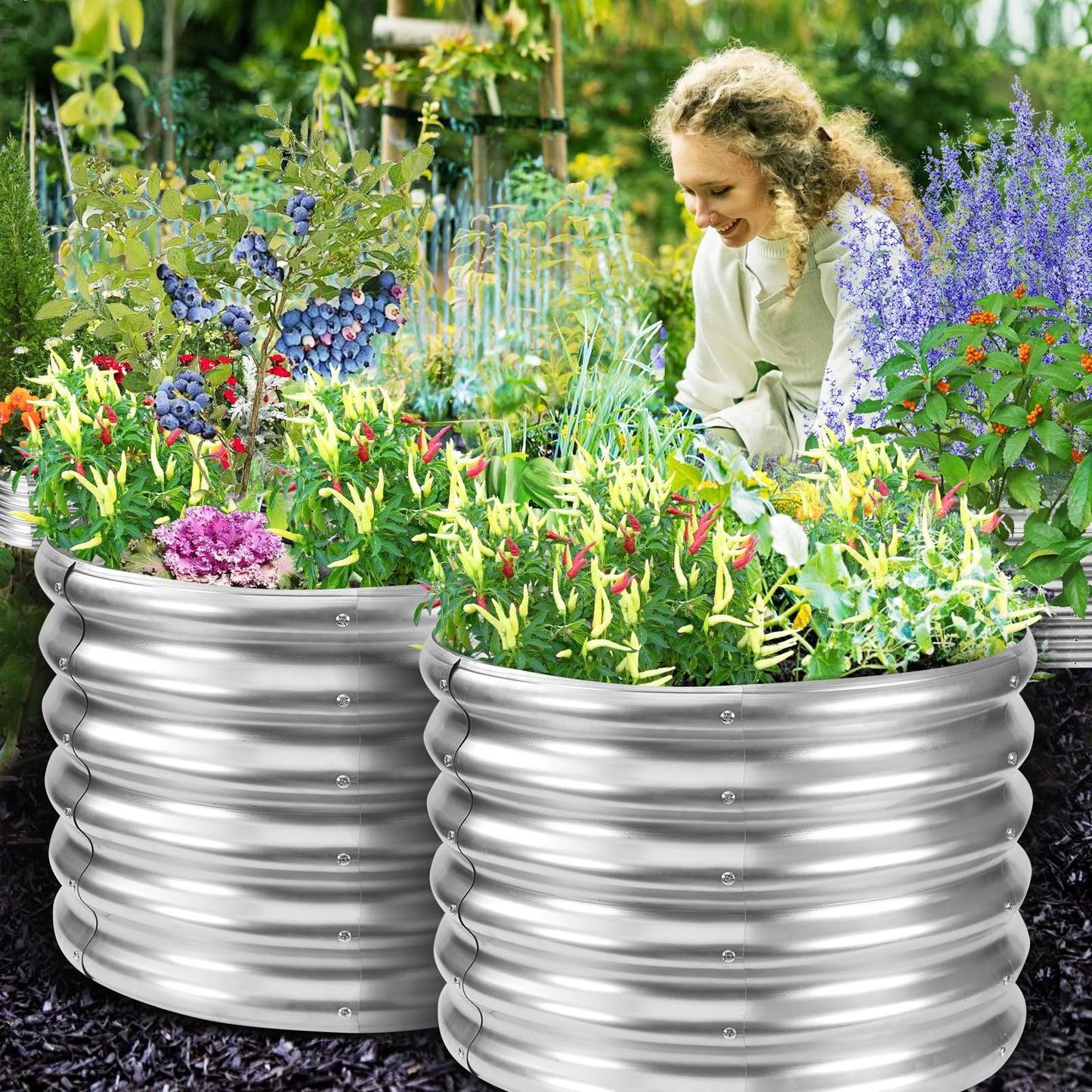 YSEJOMP 17" Tall Round Outdoor Garden Raised Garden Bed Kits-0.8MM Thick Metal Raised Planter Bed/Ground Planter Box for Variety of Flowers,Herbs,Vegetables,Trees (Silver, 24 Dia X 16.5 inches)