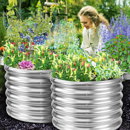YSEJOMP 17" Tall Round Outdoor Garden Raised Garden Bed Kits-0.8MM Thick Metal Raised Planter Bed/Ground Planter Box for Variety of Flowers,Herbs,Vegetables,Trees (Silver, 24 Dia X 16.5 inches)