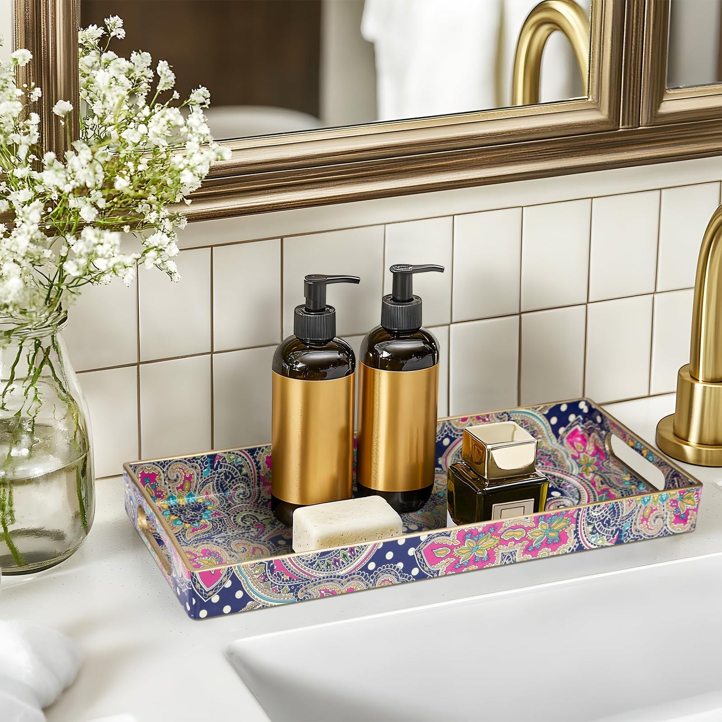 MAONAME Plastic Vanity Tray, Bathroom Counter Tray, Decorative Trays with Handles, Storage Dresser Trays Organizer for Toilet Tank, Jewelry, Makeup, 13.8" x 6" x 1.57"
