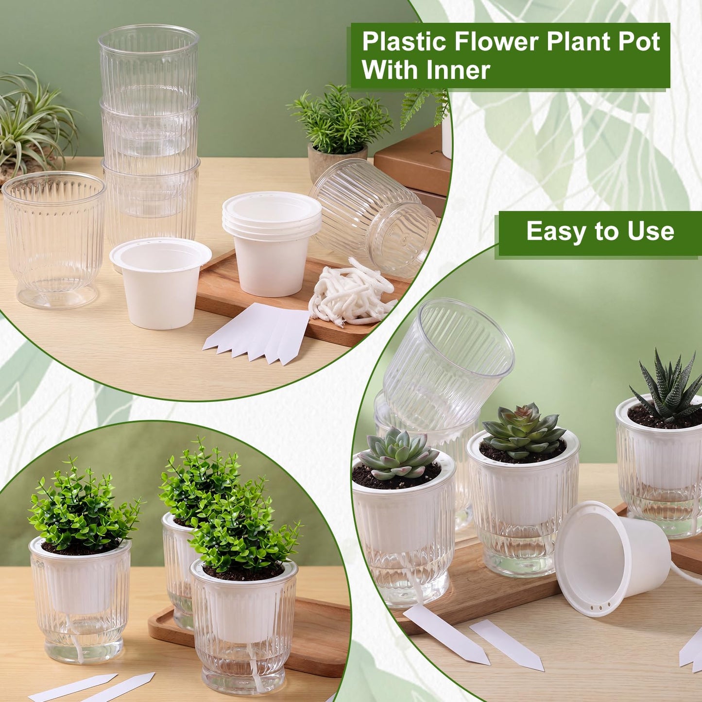 Ferrochef 20 Sets 4 Inch Self Watering Pots Bulk Small Plant Pots with Inner Reservoir, Clear Self Watering Wick Planter Plastic Plant Labels for Indoor Succulents Herbs Flowers Pothos